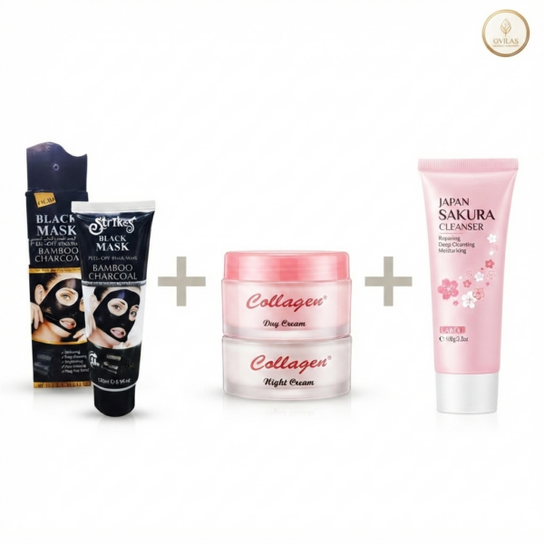 3-in-1 Glow & Deep Cleansing Skincare Combo (Strikes Black Mask + Collagen Day & Night Cream + Japan Sakura Cleanser)