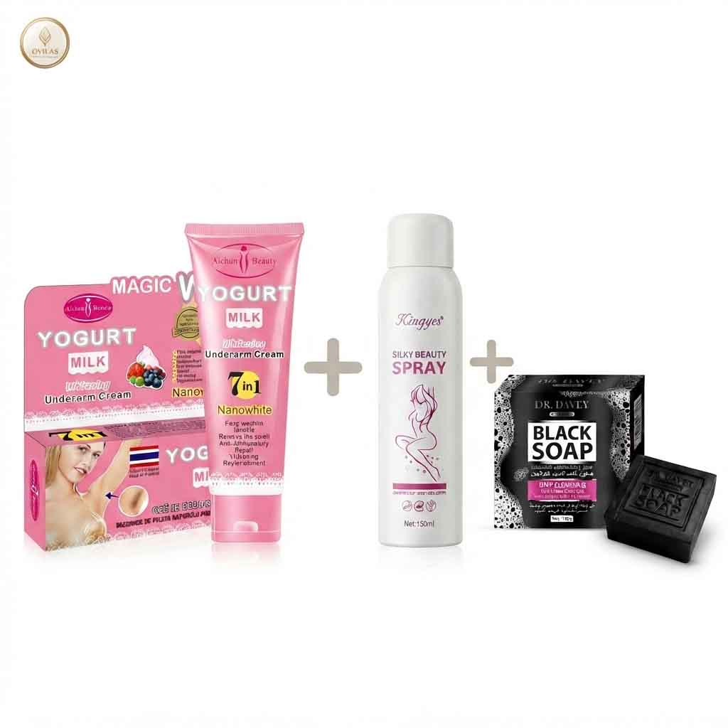 body combo 3-in-1 Glow & Whitening Combo (Yogurt Milk Cream + Kingyes Spray + Dr. Davey Black Soap) - Image 1