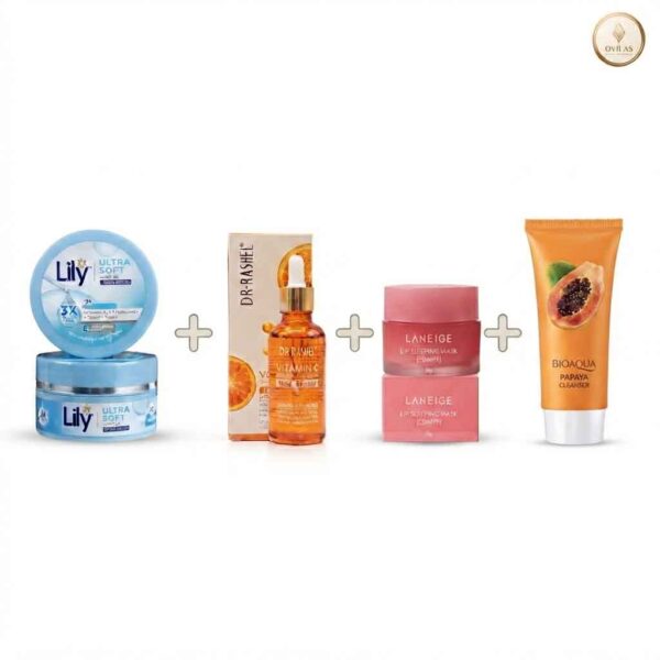 4-in-1 Ultimate Glow & Hydration Skincare Combo (Lily Cream + Dr. Rashel Serum + Laneige Lip Mask + Bioaqua Cleanser)