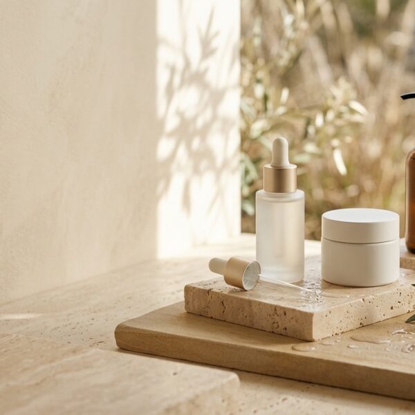 Ovilas authentic skincare essentials on travertine stone